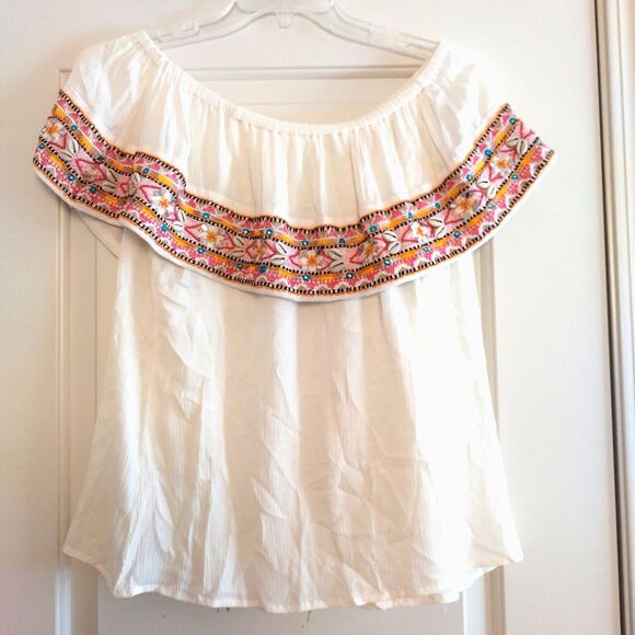 Boston Proper Spanish Boho Off Shoulder Top Off White Crepe S Flowy Artsy Cowrie - Picture 2 of 7